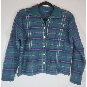 Karen Scott Vintage Wool‎ Plaid Cardigan Jacket Green Blue Gold Buttons Size L